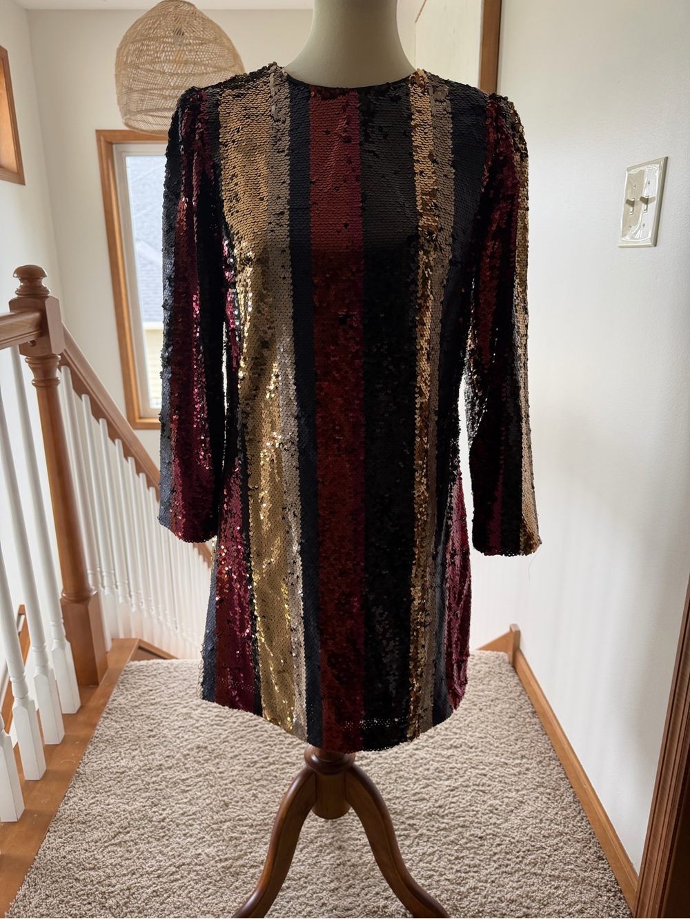 ALI & JAY Sequin Striped Long Sleeve Shift Dress in Burgundy, Black & Gold